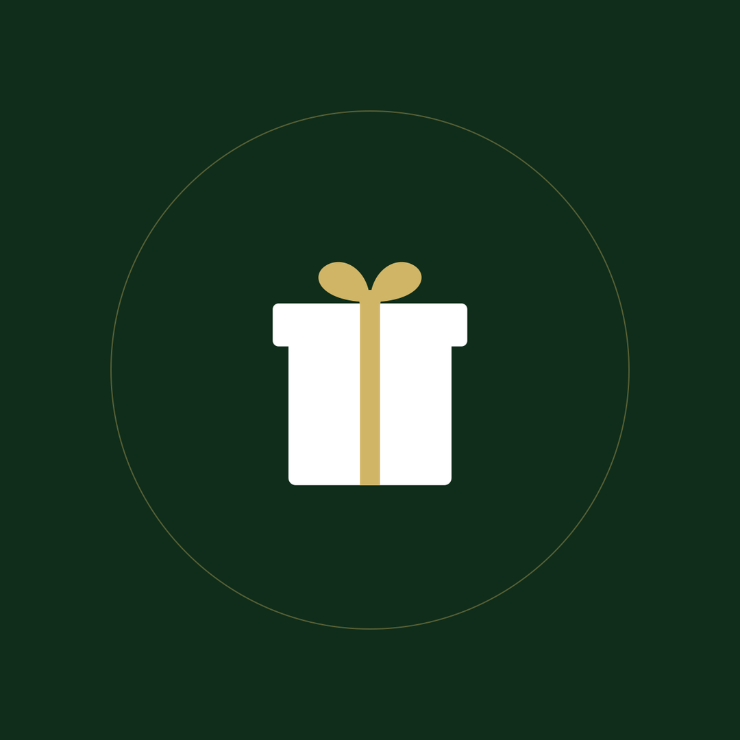 A wrapped gift with a gold ribbon
