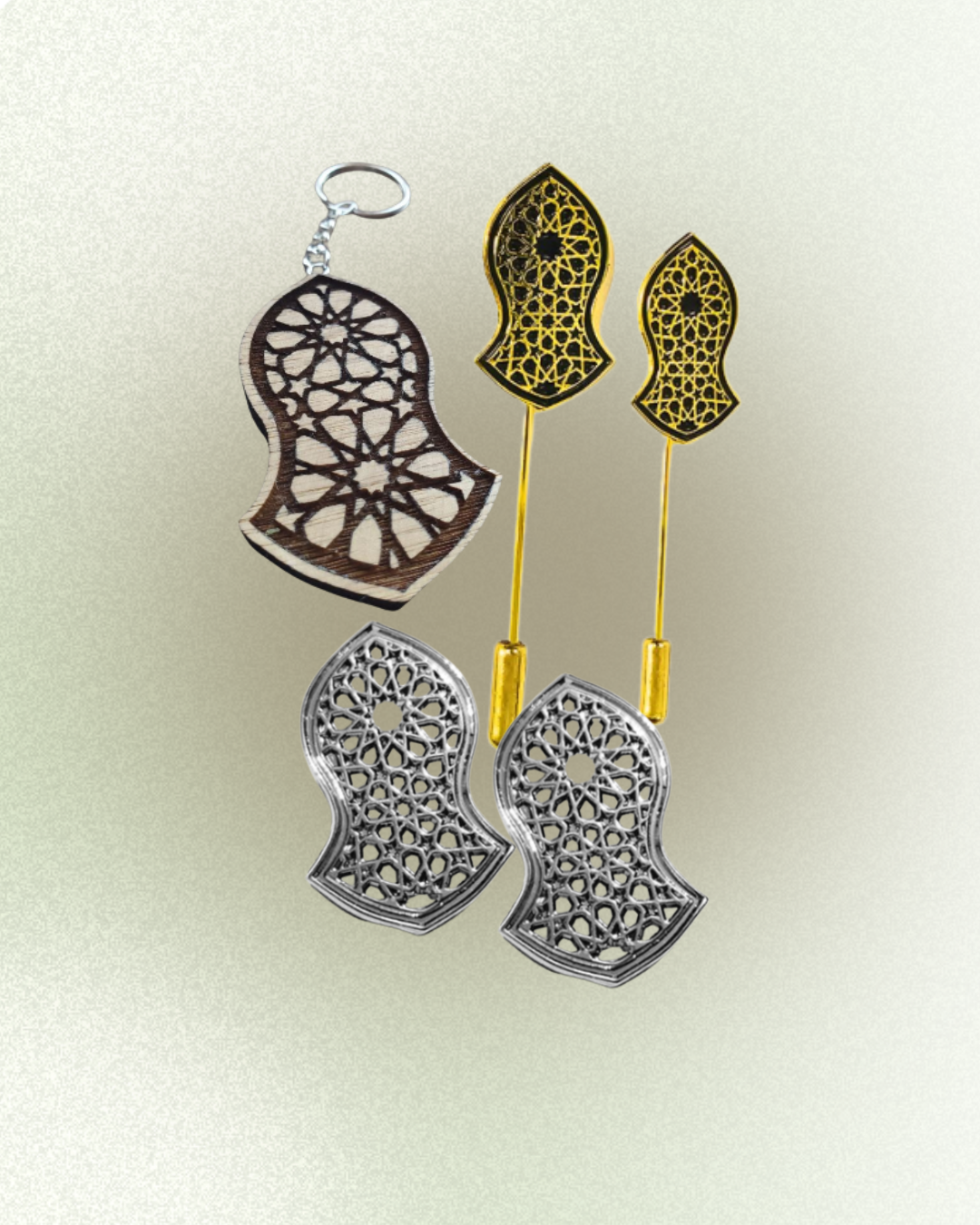 [Bundle] 2 Hijaab Pin (Green & Gold) + 2 Sandal Pins (Silver) + Wooden Sandal Keychain
