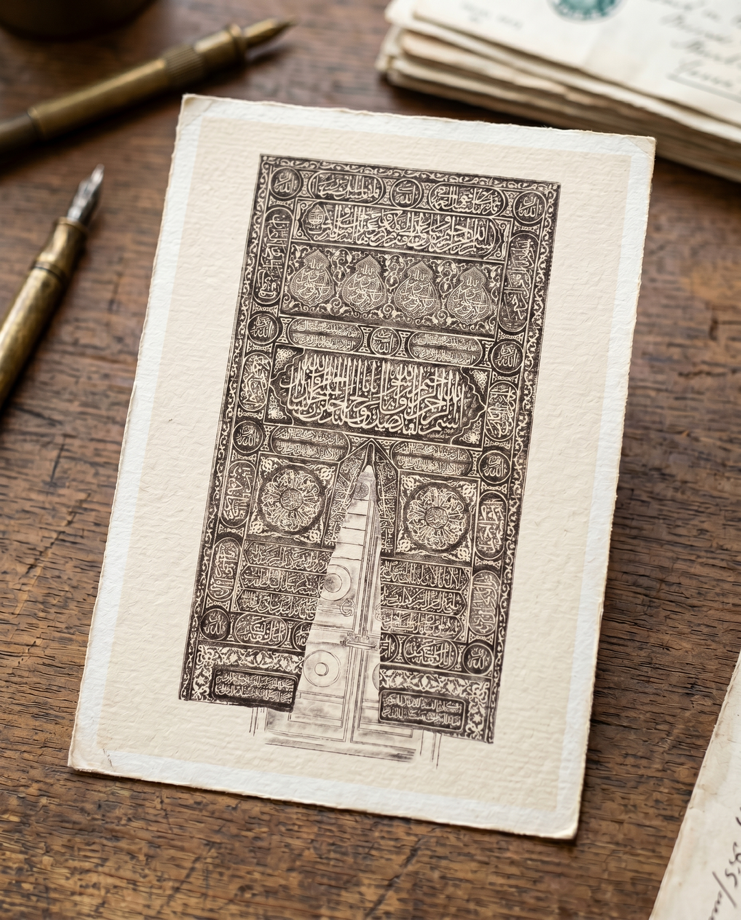 Makkah-inspired keepsake postcard — Kaaba door illustration